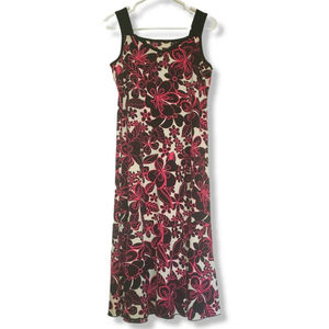 Y2K 90's XL Black And Pink Hawaiian Floral Skater Midi Dress Ruffle Hem